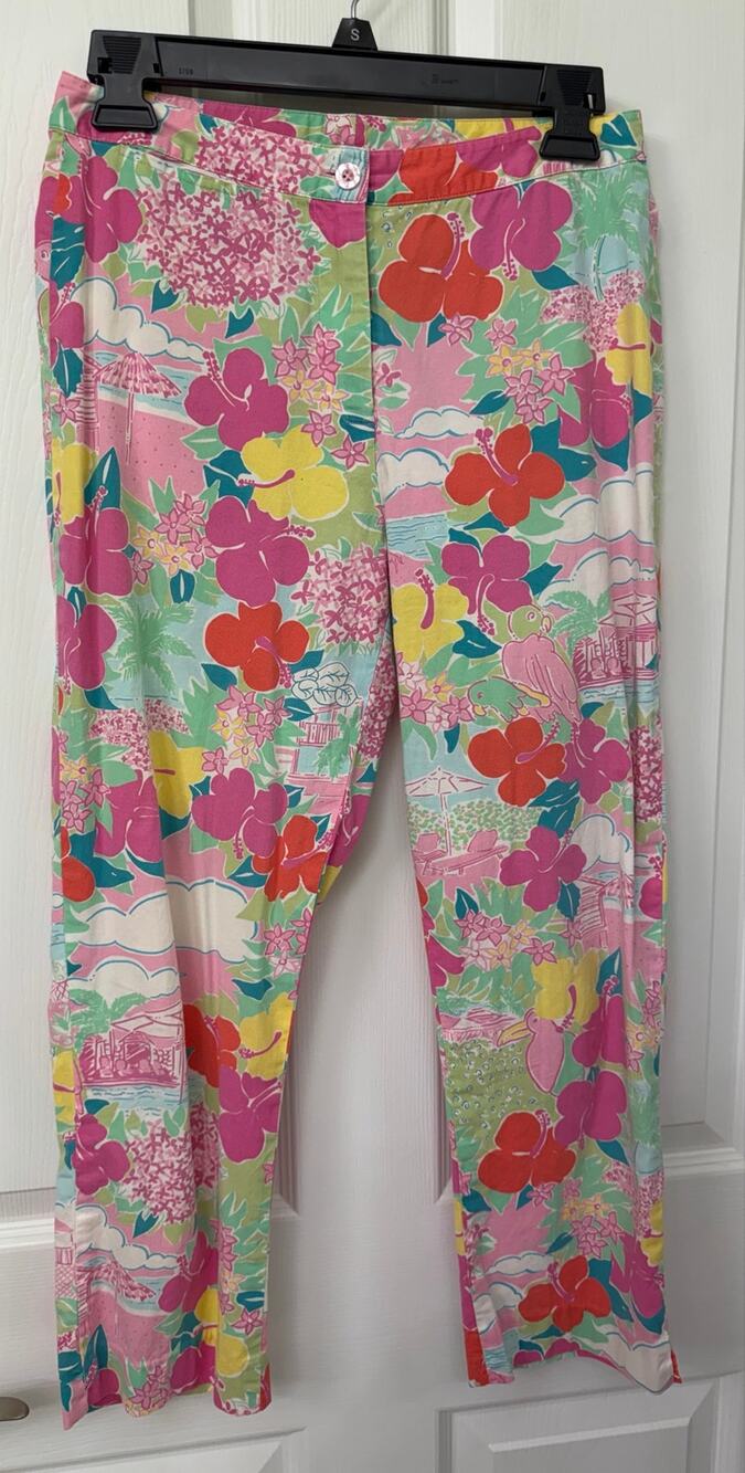 Lilly Pulitzer 2 cotton blend pink green floral hibiscus tropical print pants